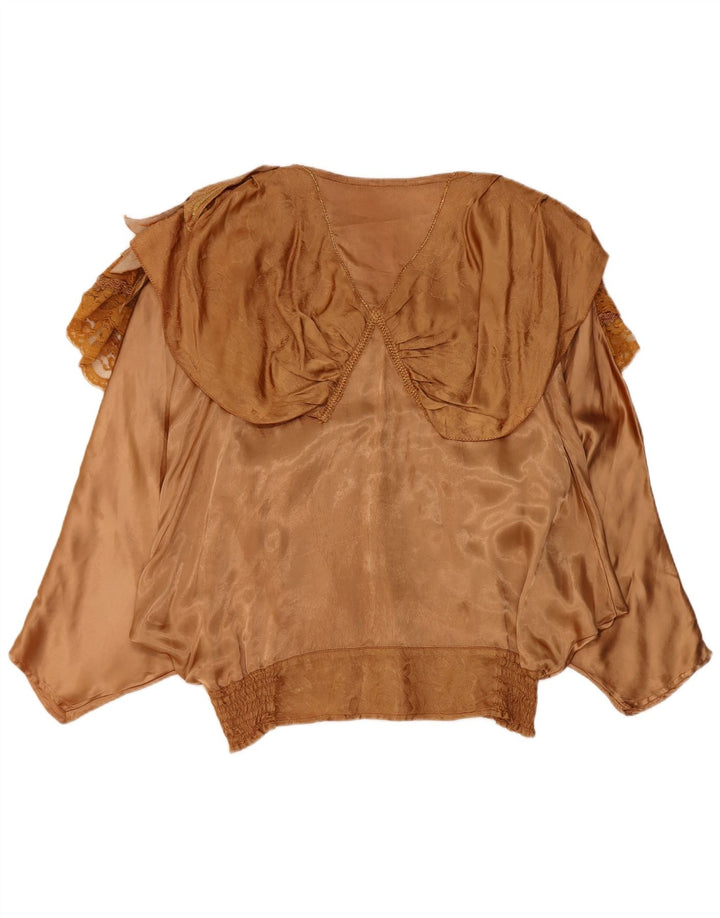 vintage Femmes Ruffle Front Batwing Blouse Top EU 40/42 Grande Viscose Brune