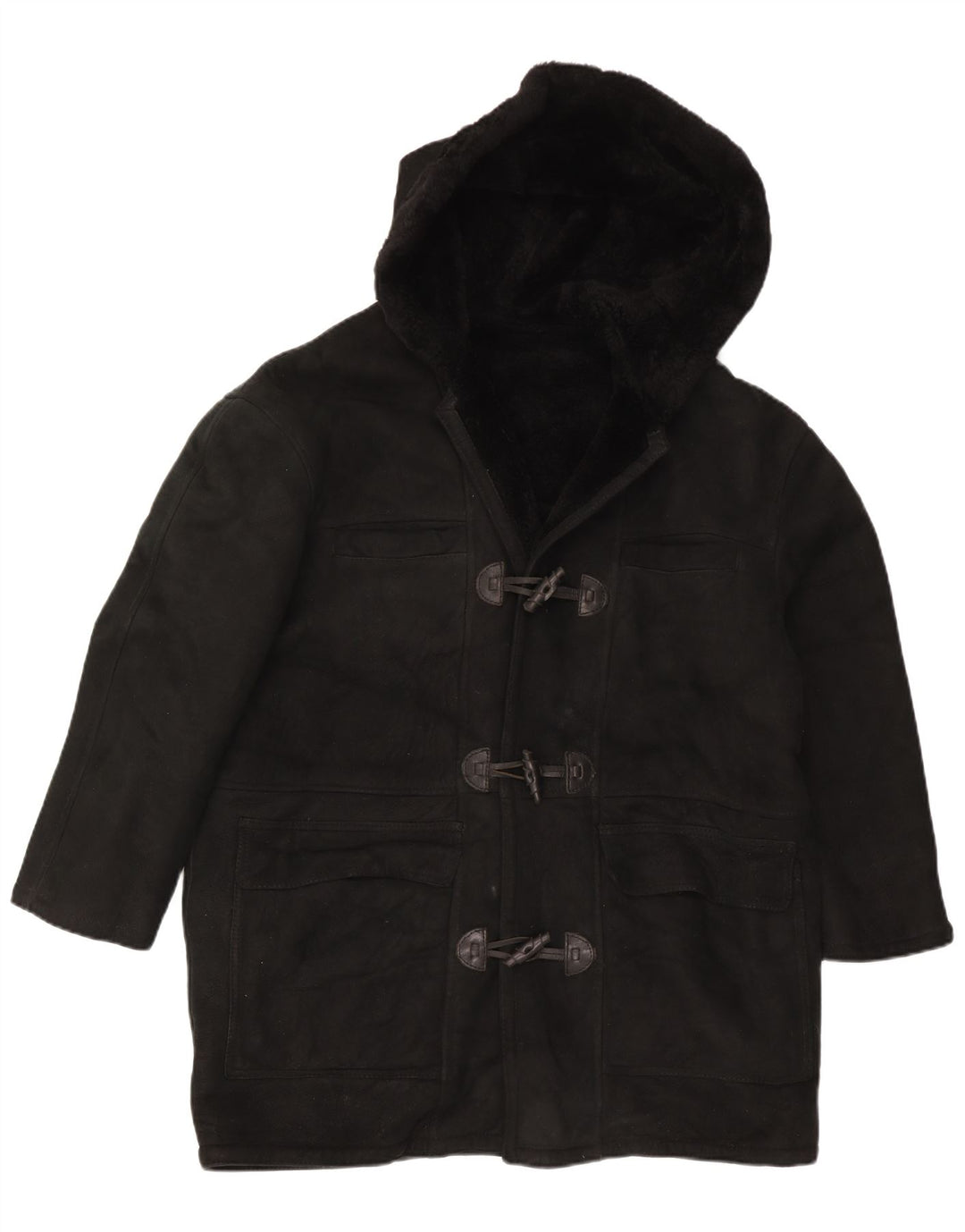 vintage Femmes À Capuchon Surdimensionné Shearling Manteau UK 16 Grand Noir