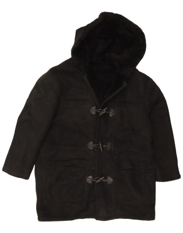vintage Femmes À Capuchon Surdimensionné Shearling Manteau UK 16 Grand Noir