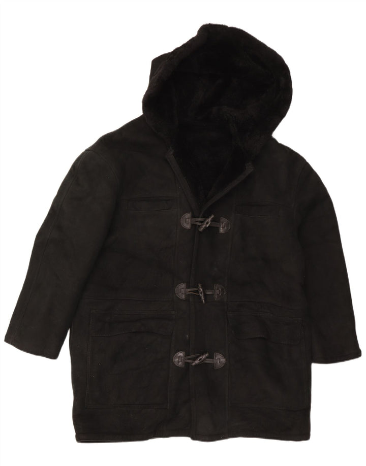 vintage Femmes À Capuchon Surdimensionné Shearling Manteau UK 16 Grand Noir
