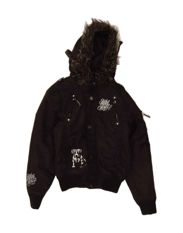 VINTAGE Veste bomber à capuche graphique femme UK 14 Nylon noir moyen