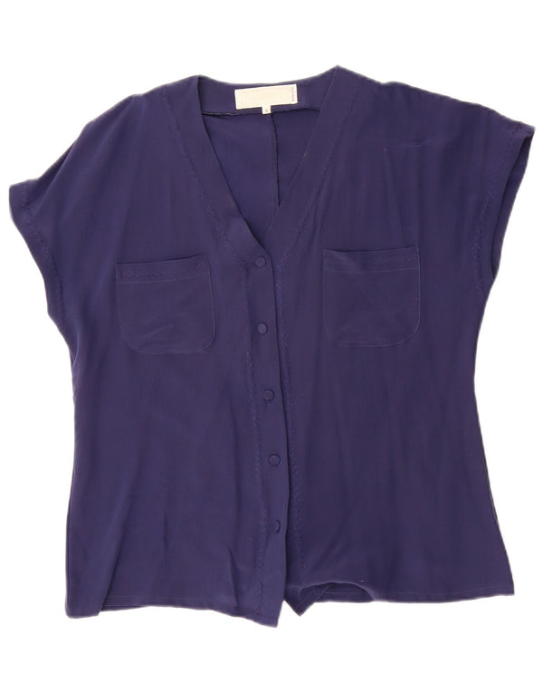 vintage Femmes ample Chemise à manches courtes Blouse UK 10 Petite Soie Bleu Marine