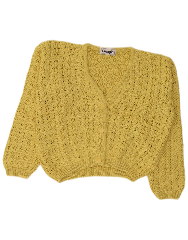 vintage Womens Crop Cardigan Sweater UK 16 Grand coton jaune