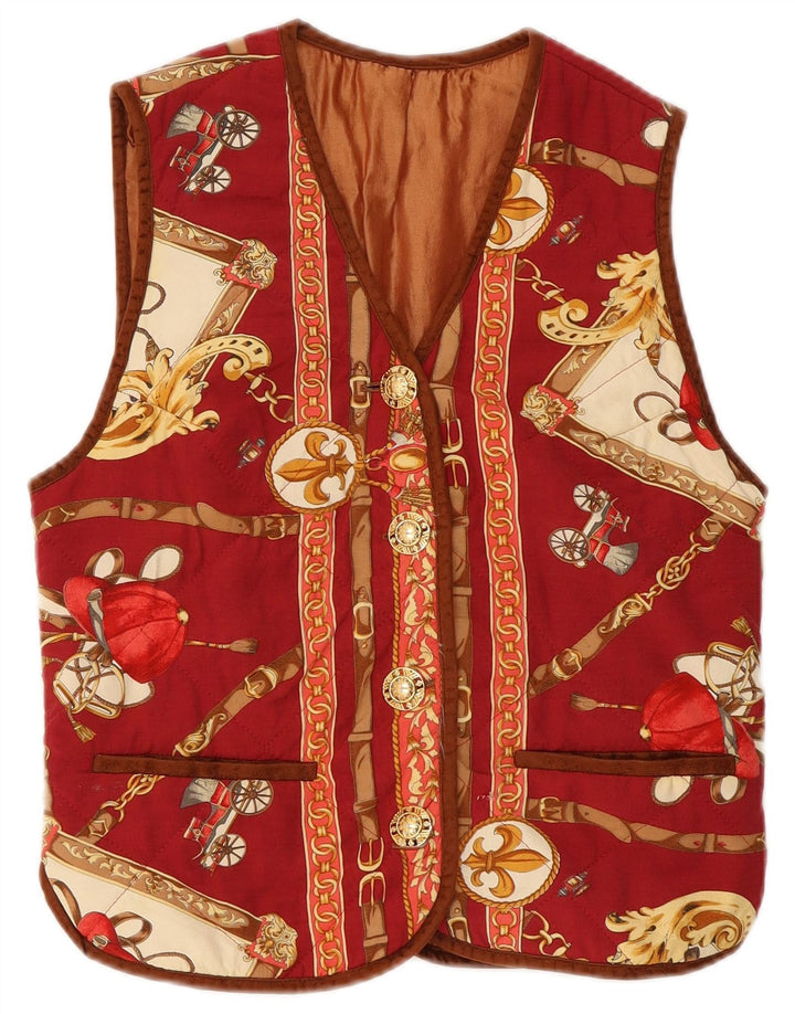 vintage Womens Riding Abstract Pattern Gilet UK 12 Moyen Rouge