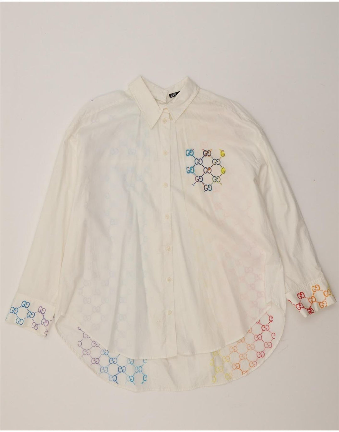 Zara Chemise surdimensionnée pour femme UK 14 Coton géométrique blanc moyen