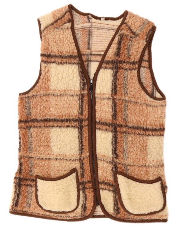 vintage Womens Fleece Gilet UK 10 Petit Chèque Brun
