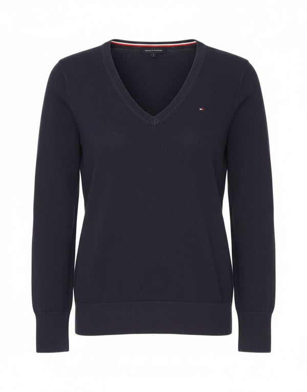 Tommy Hilfiger Pull col V pour femme UK 12 Bleu marine moyen Coton