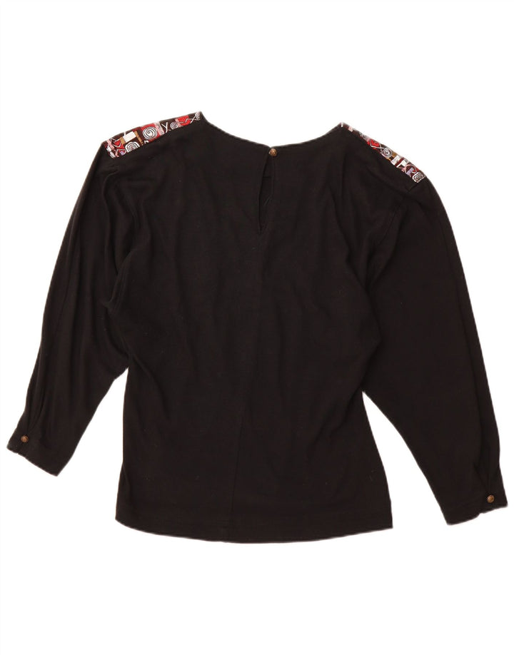 VINTAGE Femme Graphique Manches Longues Blouse Top UK 12 Acrylique Noir Moyen