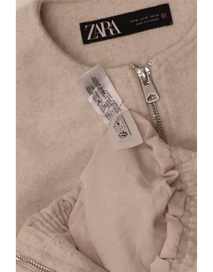 Zara Womens Crop Bomber Jacket UK 14 Gris Moyen Polyester