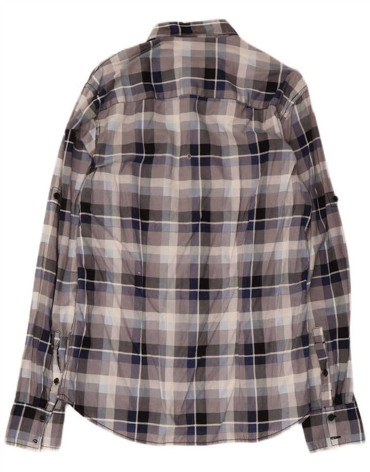 Fishbone Chemise Slim Fit en Flanelle Homme Bleu Moyen à Carreaux en Coton