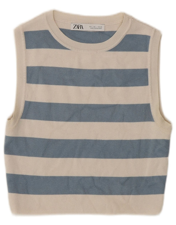 Zara Femme Haut Court Sans Manches UK 44 Grande Viscose Rayée Bleue