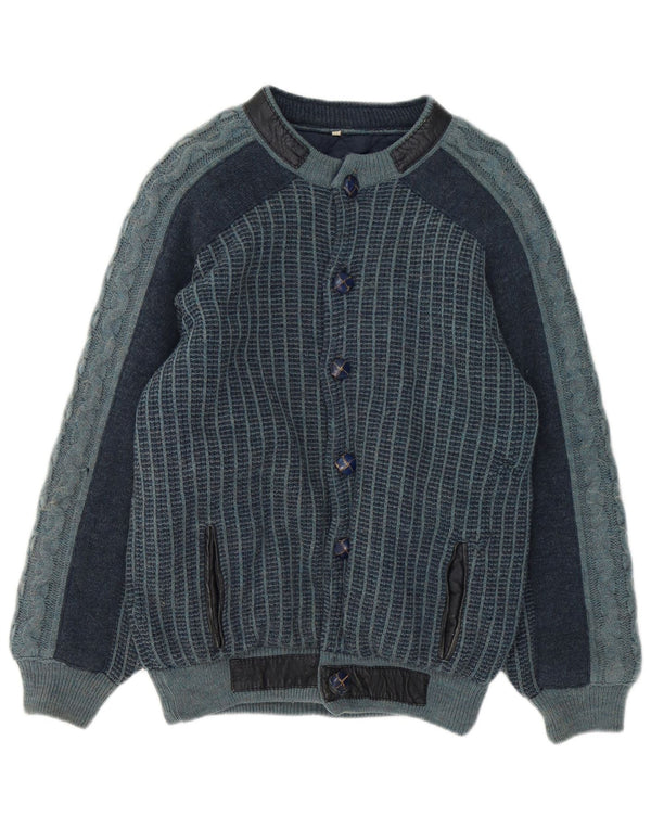 vintage Mens Knit Bomber Jacket IT 48 Moyen Bleu Marine Rayé Acrylique