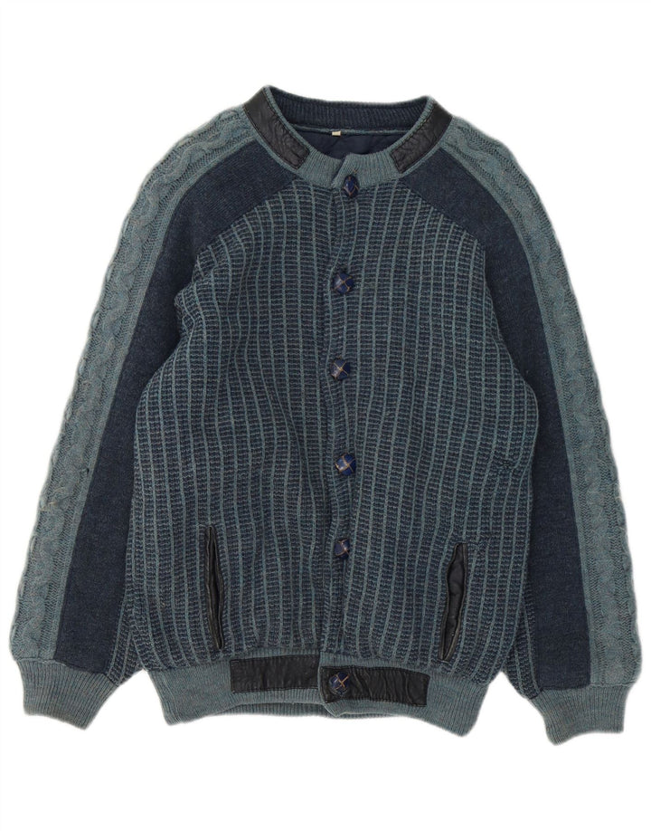 vintage Mens Knit Bomber Jacket IT 48 Moyen Bleu Marine Rayé Acrylique