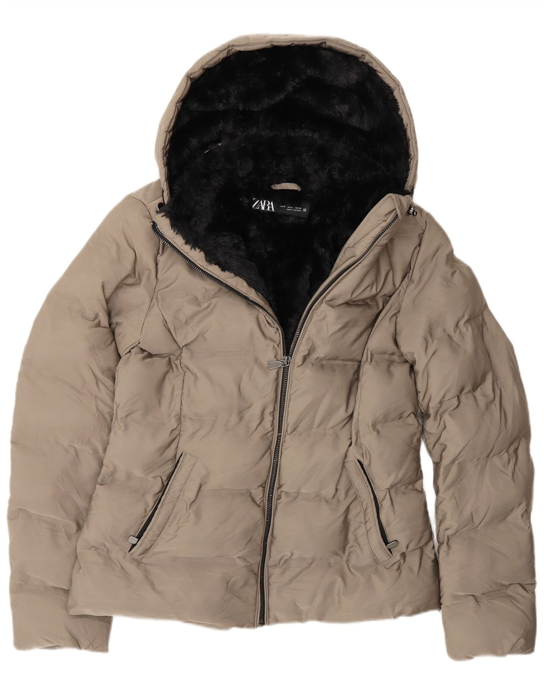 Zara Veste matelassée Sherpa à capuche pour femme UK 10 Small Gris Polyester