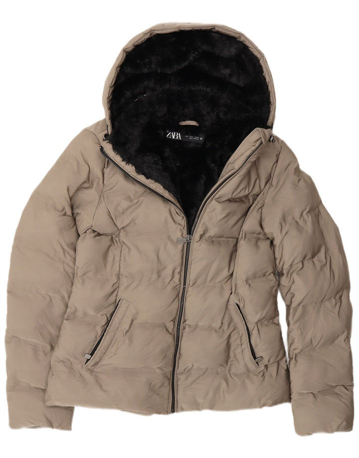 Zara Veste matelassée Sherpa à capuche pour femme UK 10 Small Gris Polyester