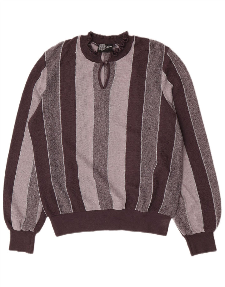 vintage Femme Turtle Neck Jumper Pull IT 44 Moyen Gris Rayé Acrylique