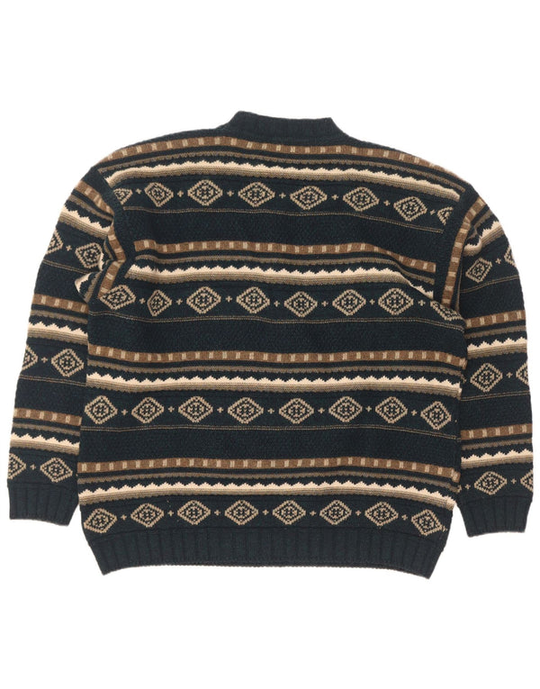 vintage Mens Crew Neck Jumper Pull XL Vert Géométrique Lambswool