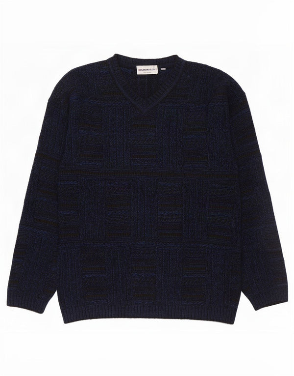 Enara Maglie Pull col V pour homme en acrylique à carreaux bleu marine