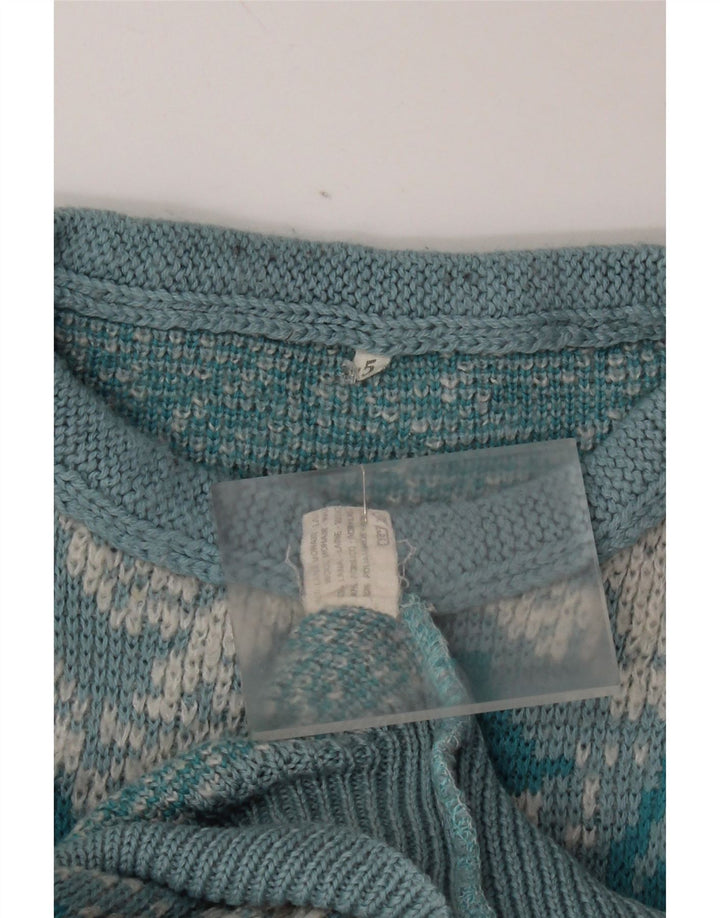 vintage Femmes Motif Abstrait Crew Neck Jumper Pull UK 16 Grand Bleu