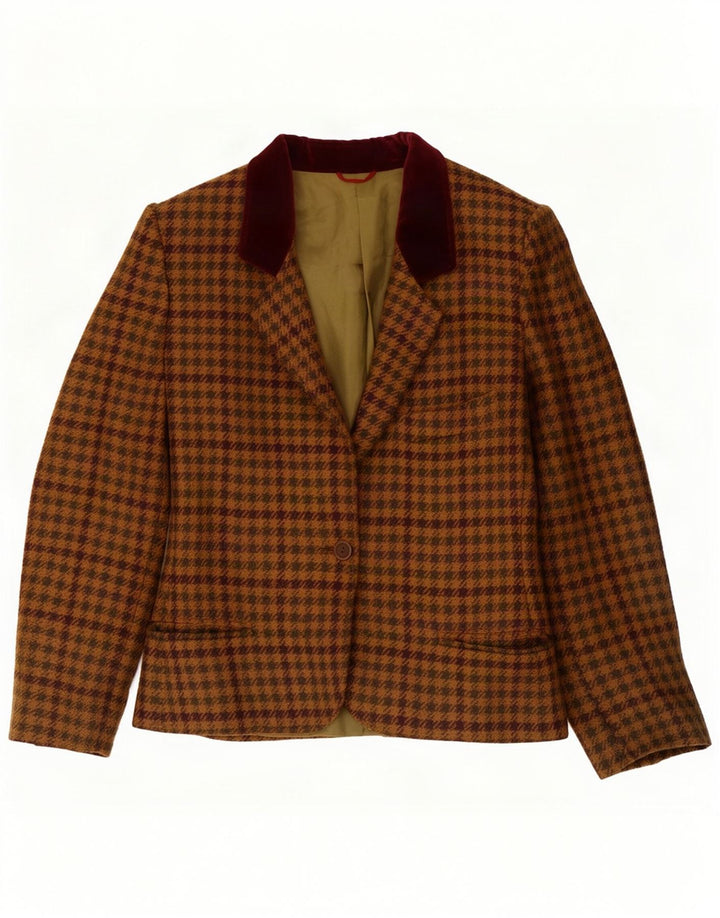 vintage Femme 1 Bouton Blazer Veste UK 14 Grande Laine Marron Pied-de-Poule