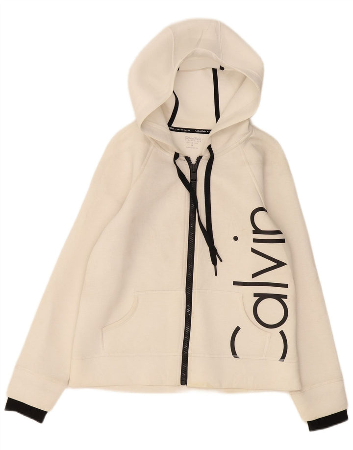 CALVIN KLEIN Pull à capuche zippé graphique pour femme UK 14 Blanc moyen