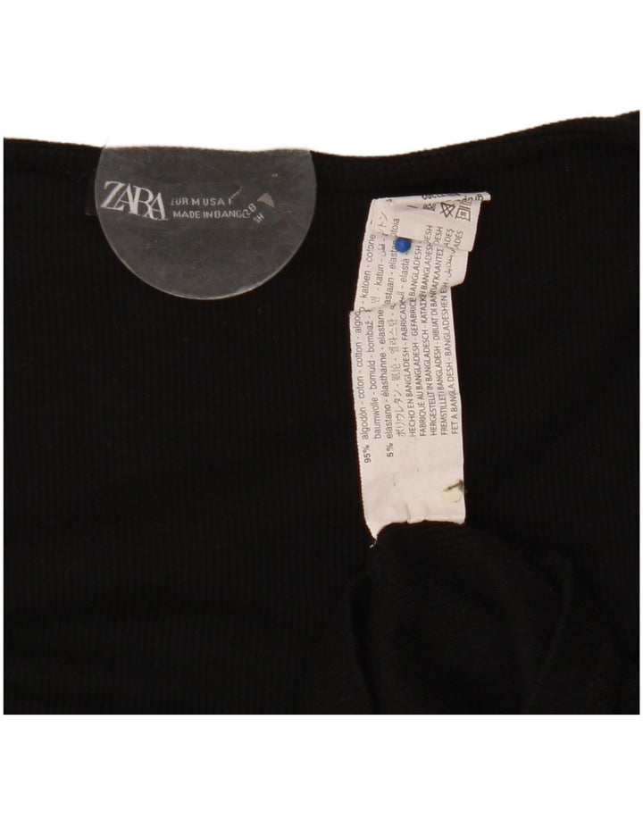 Zara Womens Crop Front Tie Top Manches Longues UK 12 Moyen Noir Coton