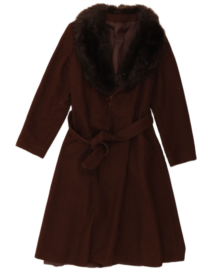 vintage Femme Pardessus UK 14 Laine Brun Moyen