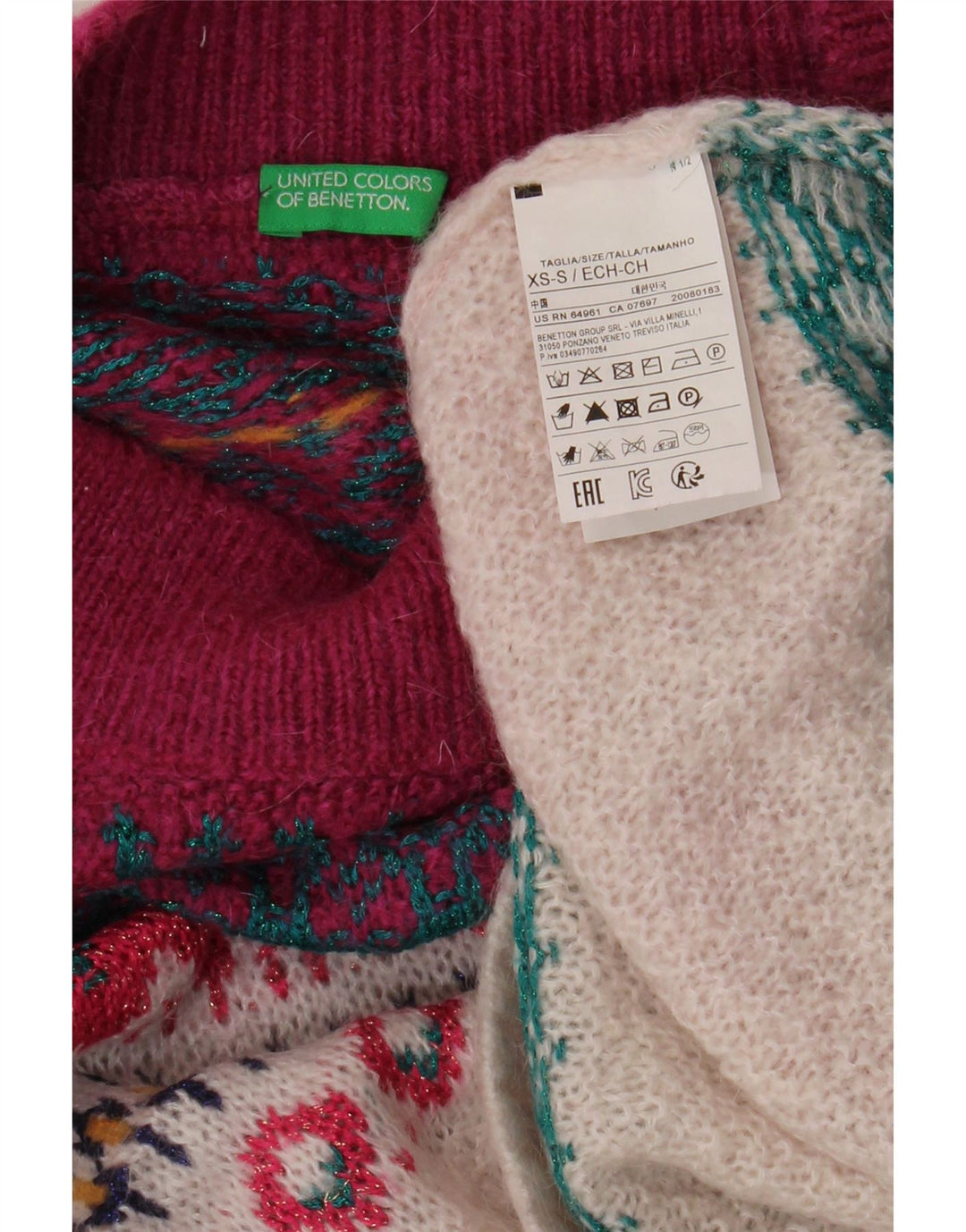 BENETTON Pull court à col roulé pour femme UK 6 XS Bordeaux Fair Isle
