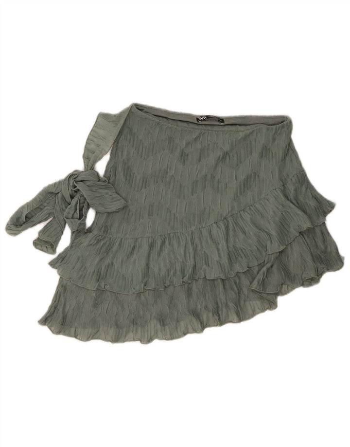 Zara Femme Mini Jupe À Volants Petit W26 Vert Polyester