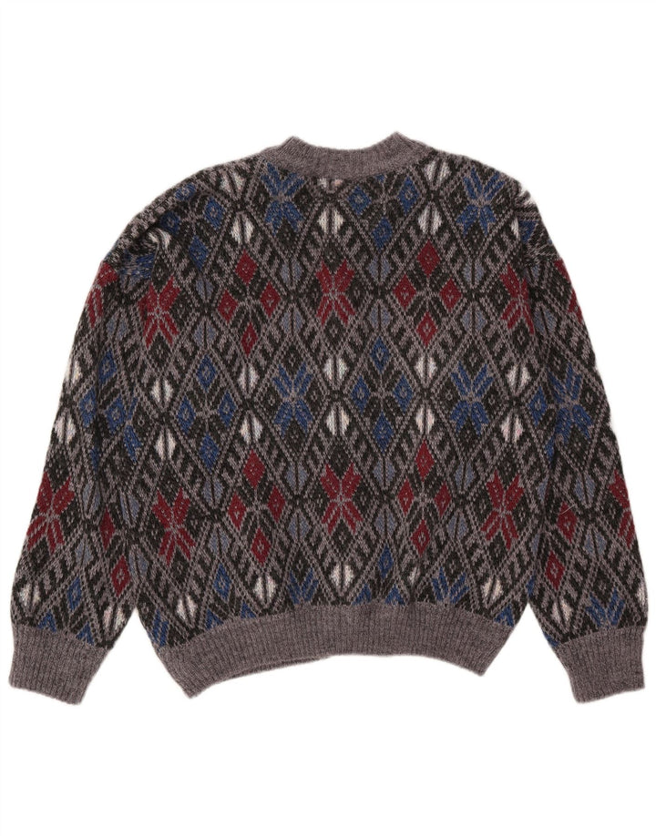vintage Mens Cardigan Pull Moyen Gris Argyle/Diamant Acrylique