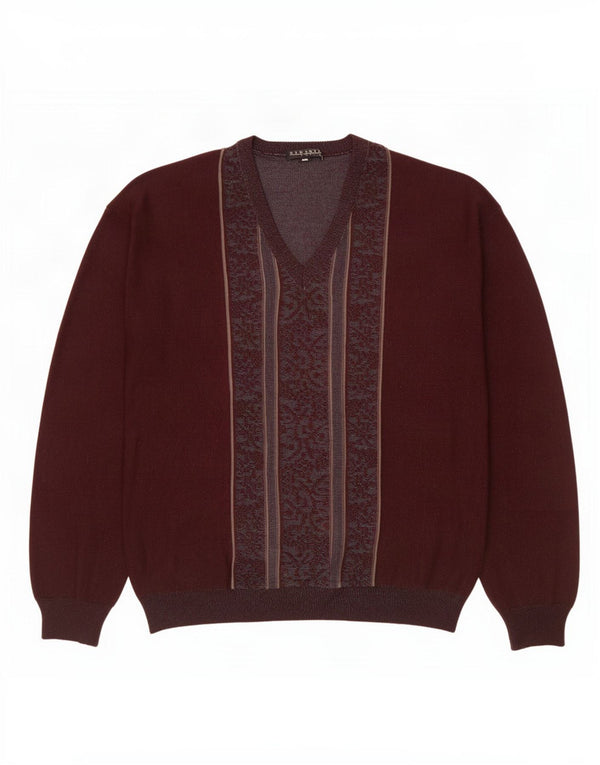 Vintage Mens V-Neck Jumper Sweater Large Maroon Fair Isle Wool