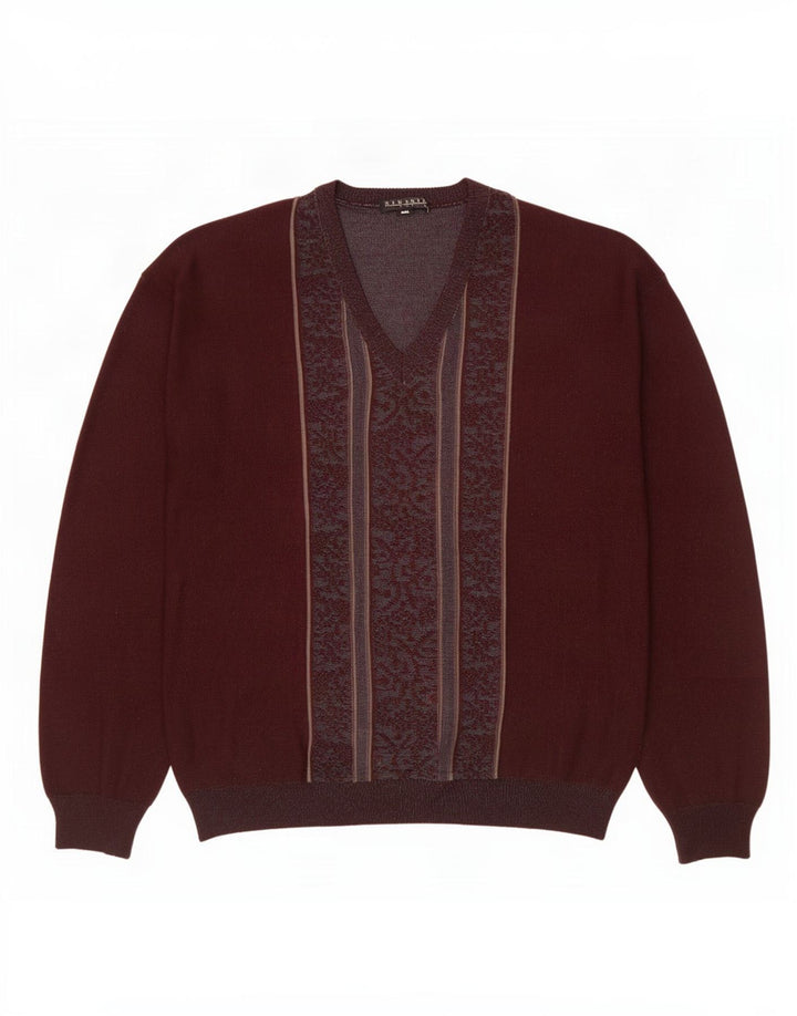 vintage Mens V-Col Jumper Pull Grand Marron Fair Isle Laine