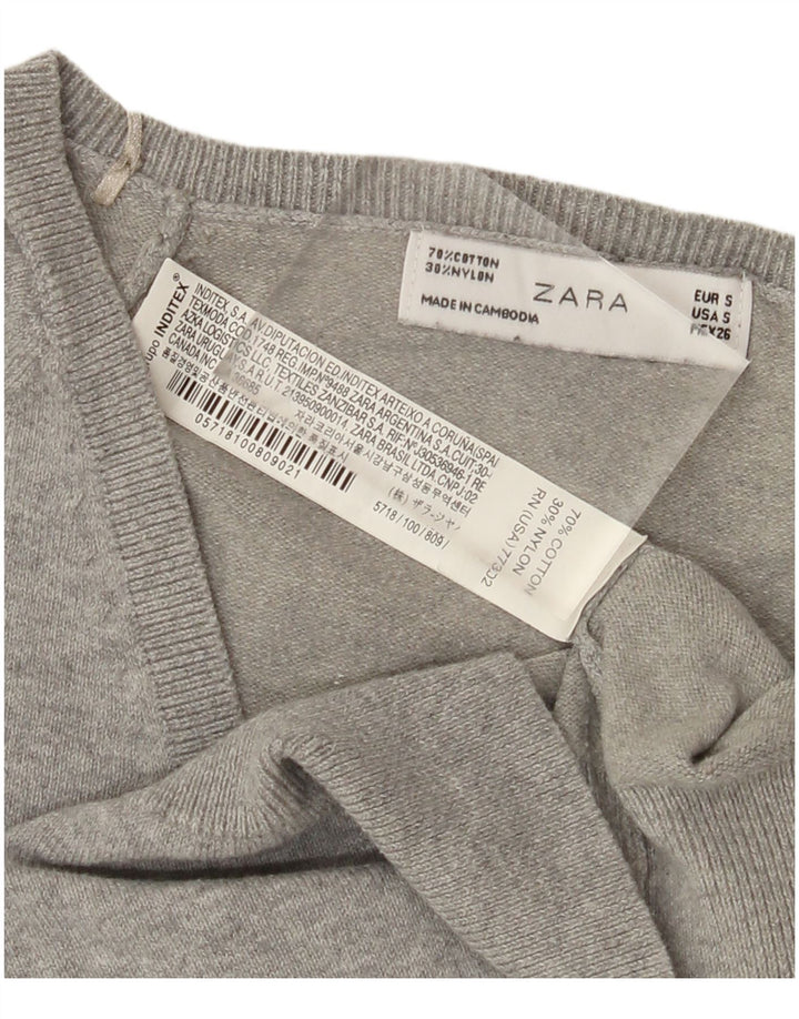 ZARA Pull court à col en V pour femme UK 10 Petit coton gris