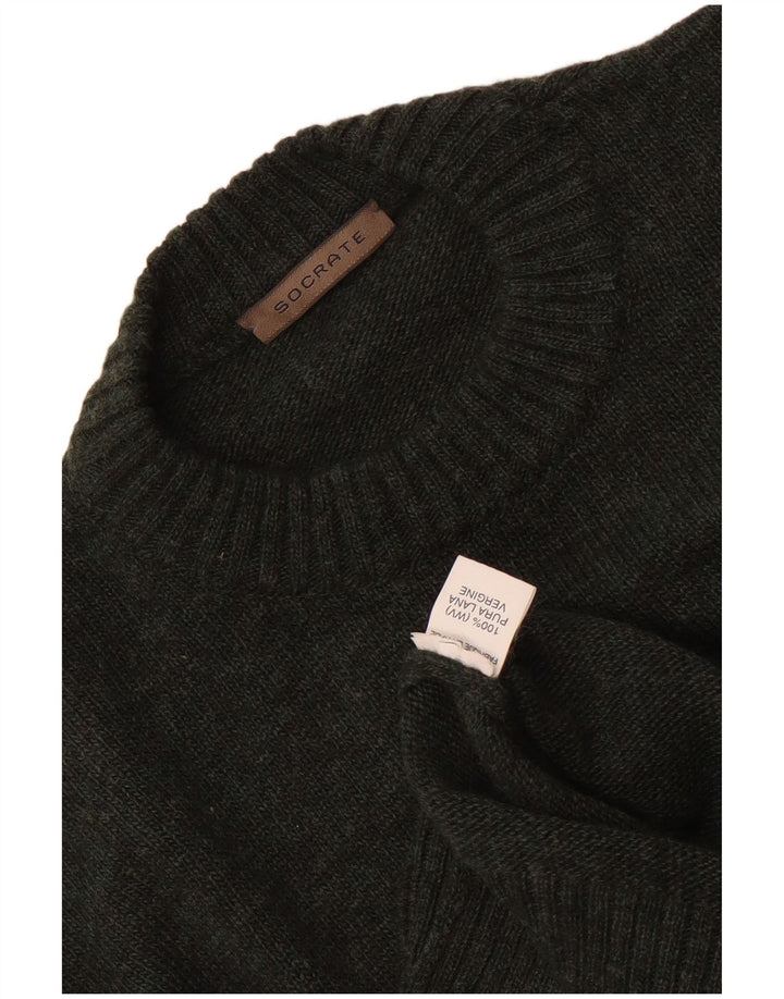 vintage Mens Crew Neck Jumper Pull Moyen Kaki Laine