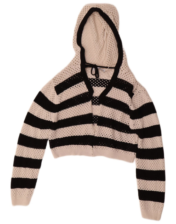 Zara Womens Crop Cardigan à capuche Pull UK 14 Grand coton rayé blanc