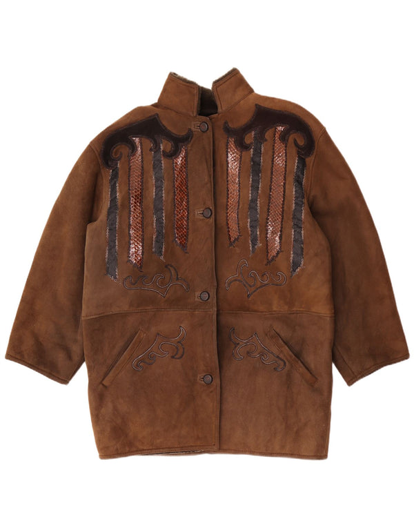 vintage Femmes Trachten Shearling Manteau EU 44 XL Marron Animal Print