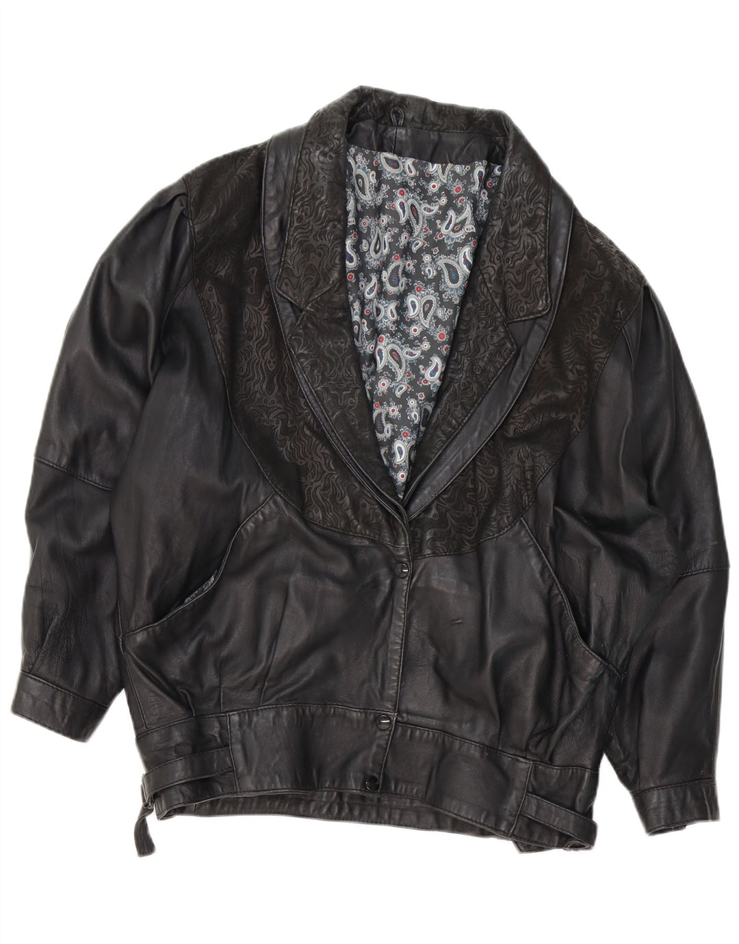 VINTAGE Veste en cuir femme UK 18 XL Black Paisley