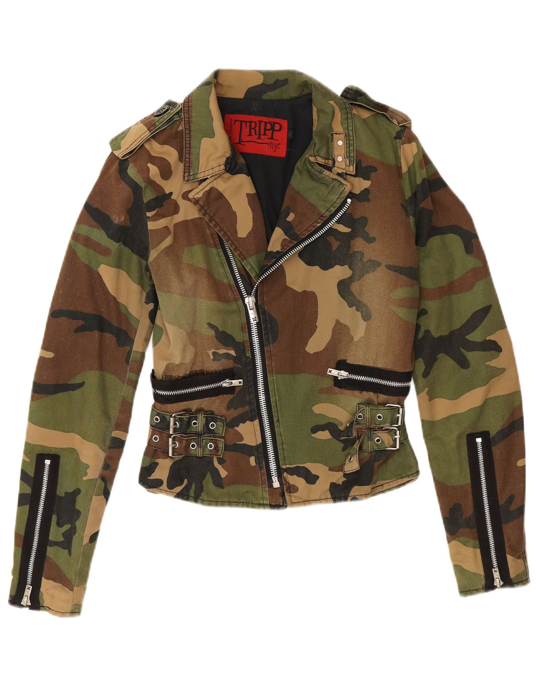 TRIPP NYC Veste militaire courte pour femme UK 10 Petit coton camouflage kaki