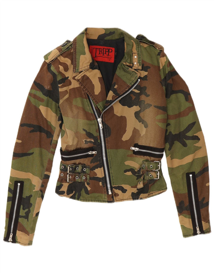 TRIPP NYC Veste militaire courte pour femme UK 10 Petit coton camouflage kaki