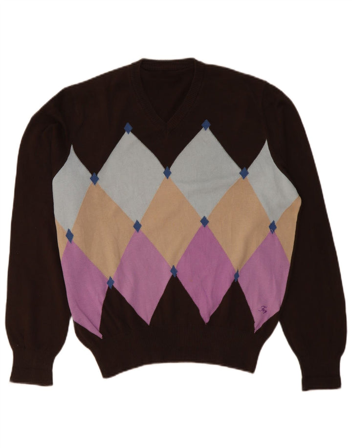 Fay Pull col V pour homme, grand, marron, argyle/diamant
