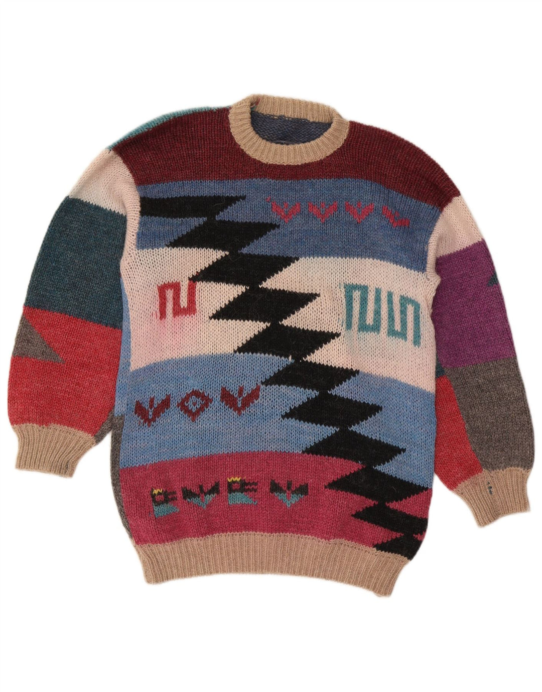 vintage Womens Crew Neck Jumper Pull UK 14 Moyen Multicolore
