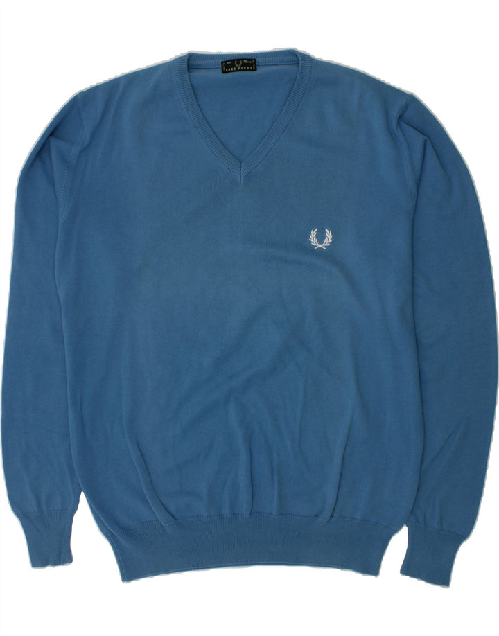 FRED PERRY Boys V-Neck Jumper Sweater 13-14 Years Blue Cotton Vintage Fred Perry and Second-Hand Fred Perry from Messina Hembry 