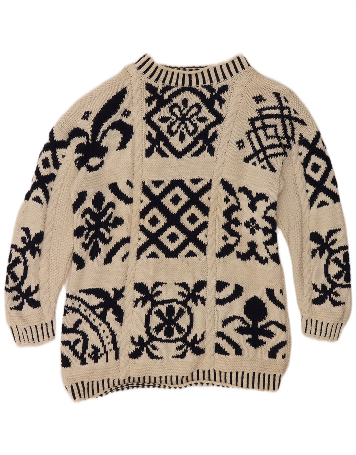 vintage Femmes Turtle Neck Jumper Pull EU 38 Moyen Off White Géométrique