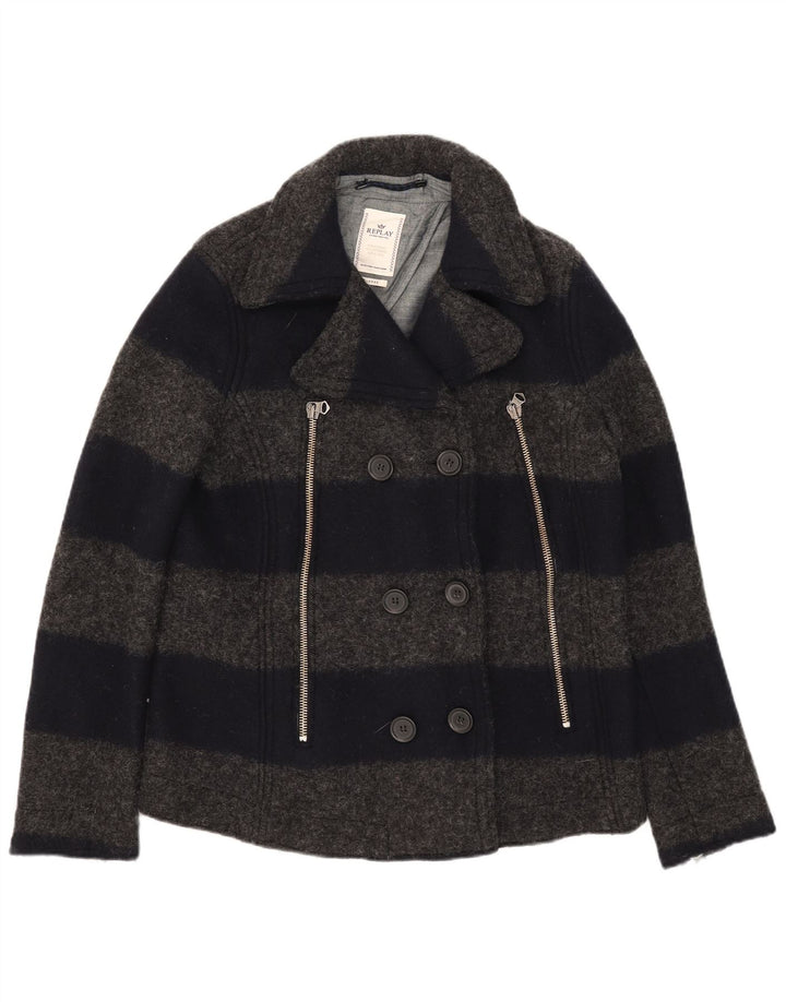 Replay Caban Femme UK 18 XL Laine Rayée Grise