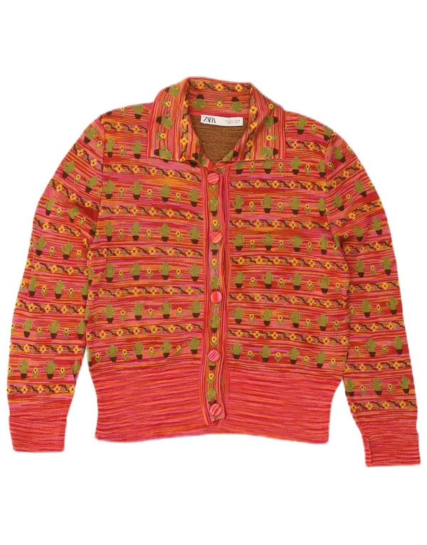 ZARA Femme Pull Boléro à Manches 3/4 UK 14 Grande Viscose Florale Rouge