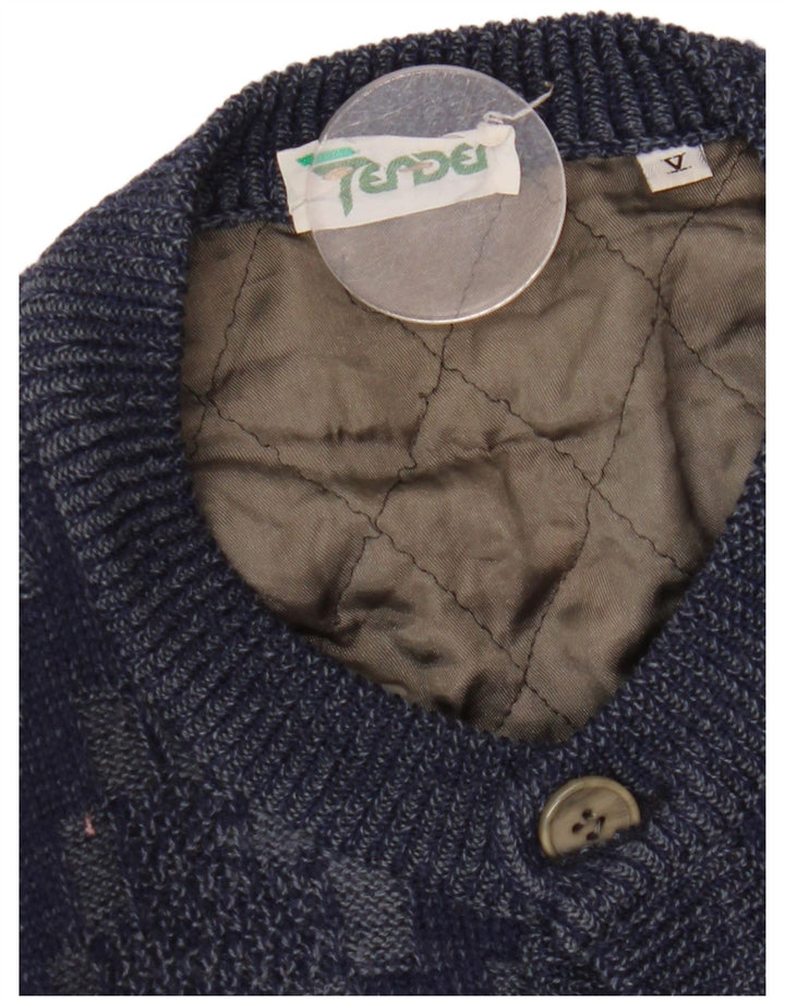 VINTAGE Homme Cardigan Pull Grand Bleu Marine Géométrique Viscose