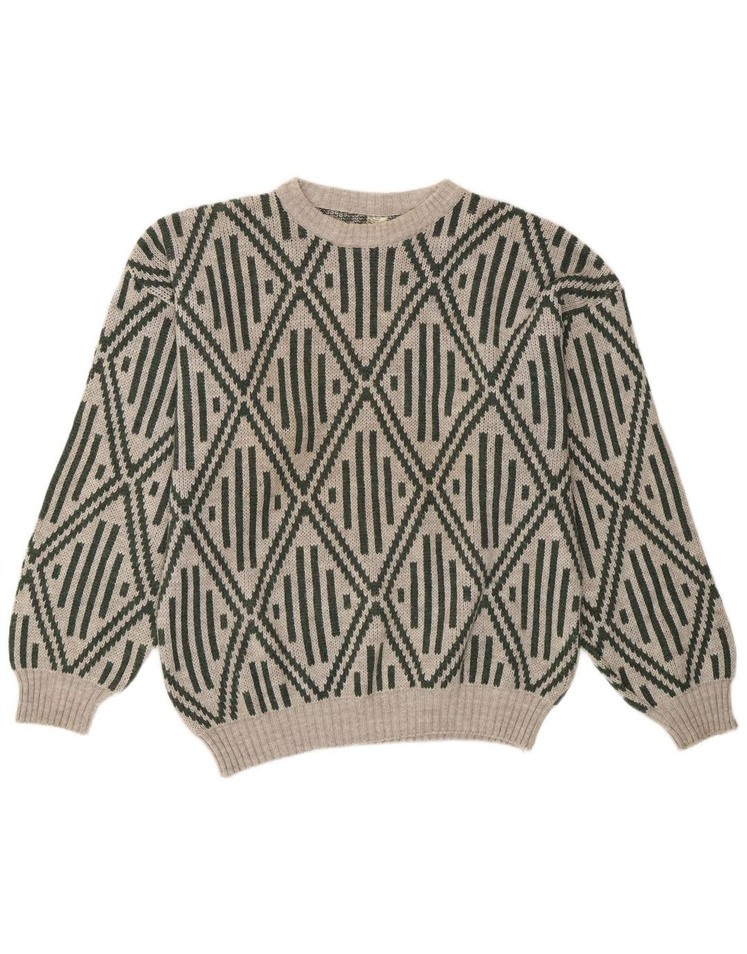 vintage Mens Crew Neck Jumper Pull Moyen Gris Géométrique Acrylique
