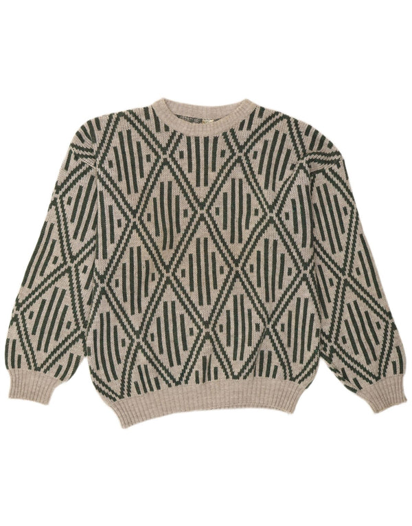 vintage Mens Crew Neck Jumper Pull Moyen Gris Géométrique Acrylique