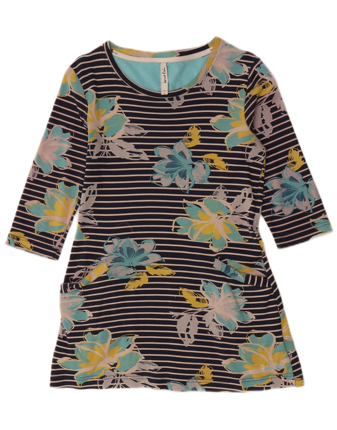 WEIRD FISH Haut Femme Manches 3/4 UK 10 Petit Coton Floral Bleu Marine