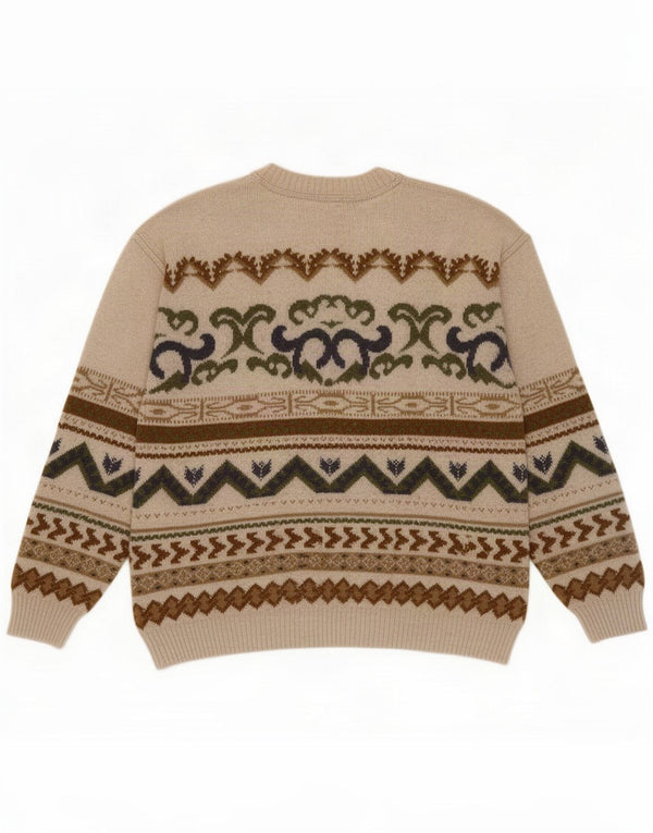 Vintage Pull col bateau pour homme Large Beige Fair Isle Wool